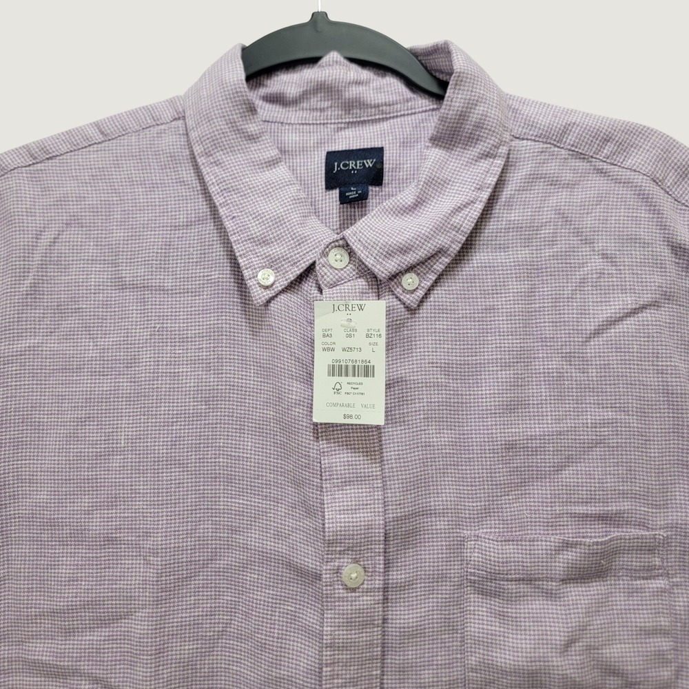J.Crew Mens L Linen Cotton Short Sleeve Button Down Shirt Purple Micro Check NEW